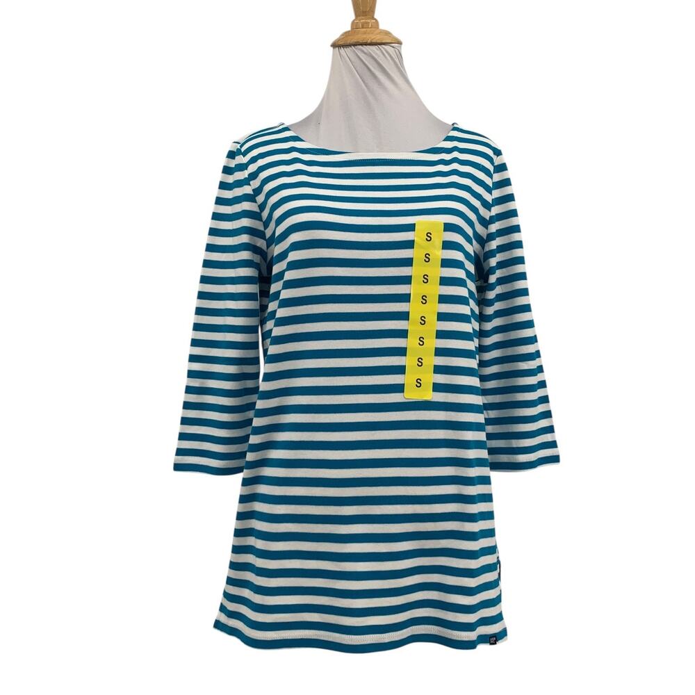 Lands End Top Womens S Small White Cyan Pima Cotton Split Hem Striped 3/4 Sleeve